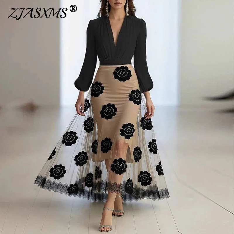 New Floral Print Lace Patchwork Mesh Long Dress Sexy Deep V Neck Elegant Party Dresses Woman Autumn Long Sleeve Vacation Dress