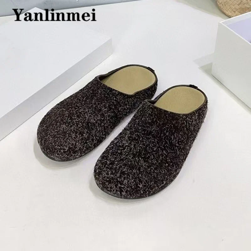 Hot Sales Cow Suede Slippers For Women Round Toe Flat Slides Outdoors Casual Mules Shoes Comfort Thick Sole Half Slippers Woman