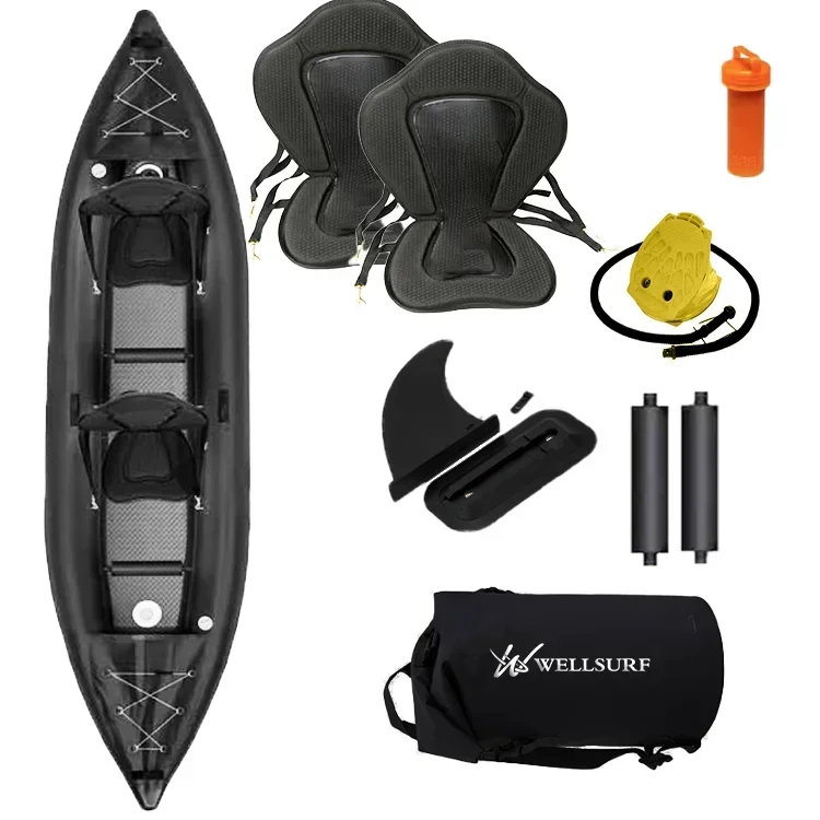 2024 PVC Kayak Novo Design Barco a remo Tandem 2 pessoas Kayak Pesca com remo e almofada do assento traseiro