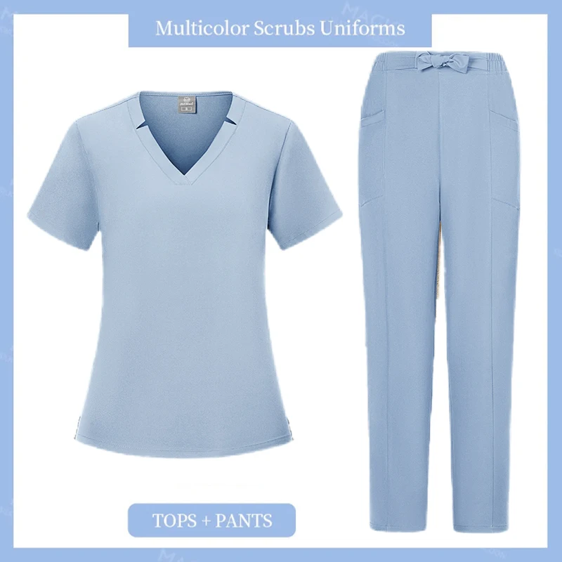 New Scrubs Set Medical Uniforms Stretch Scrub Tops with Pocket Pants Nurse Uniform Doctor Surgery Overalls Beauty Salon Workwear