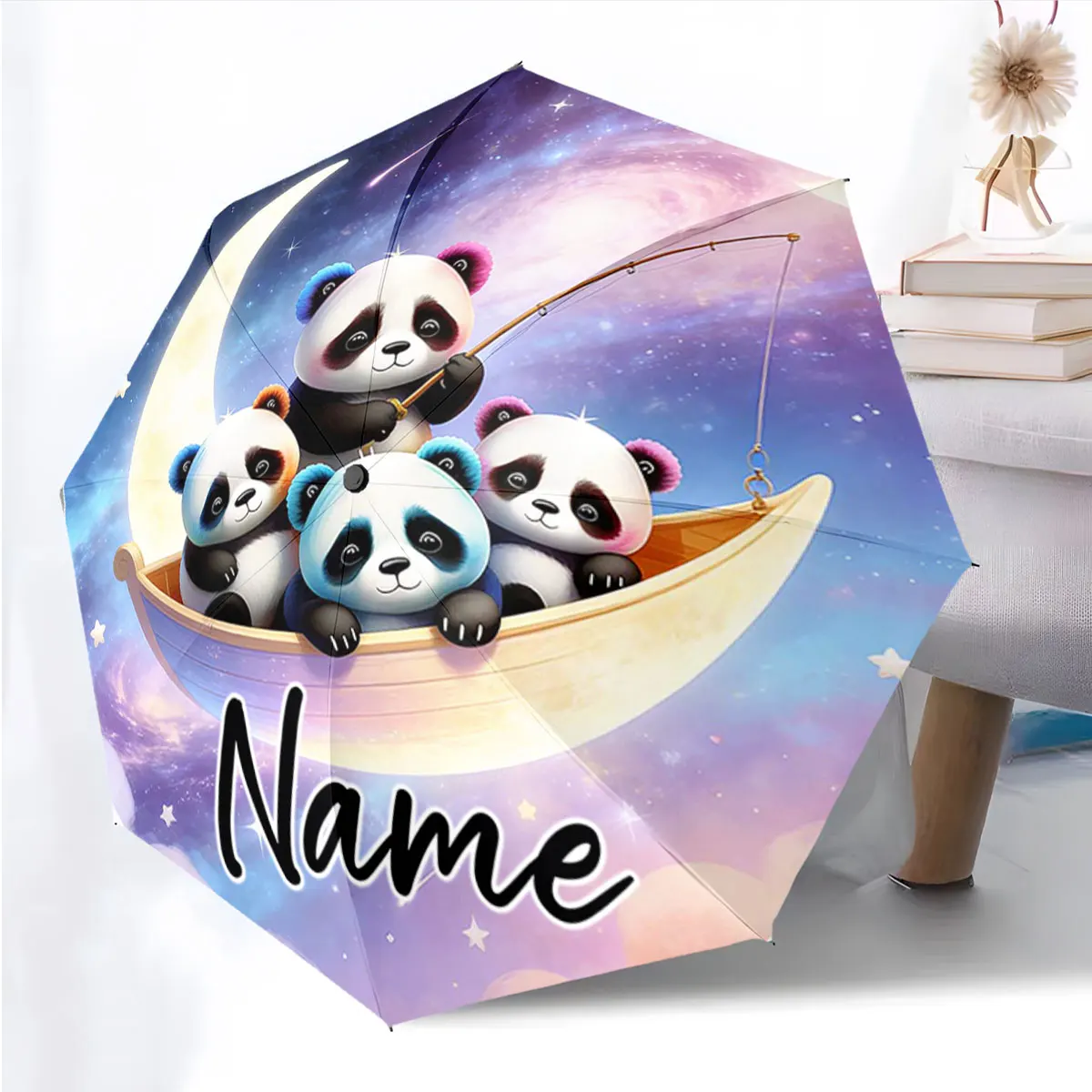 Custom Name Umbrella Panda Pals Sailing Under a Dreamy Night Sky Print 8 Iron Ribs Folding Umbrella Auto-Open Fashion Sunshade