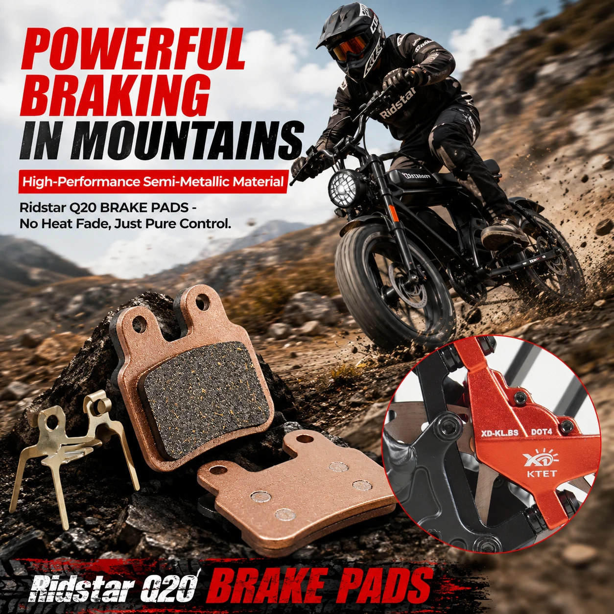 Ridstar Q20 Brake Pads Semi-Metallic Pure Stopping for YVY EKX Bopzin Freego KTET XD-KL.BS Ebike