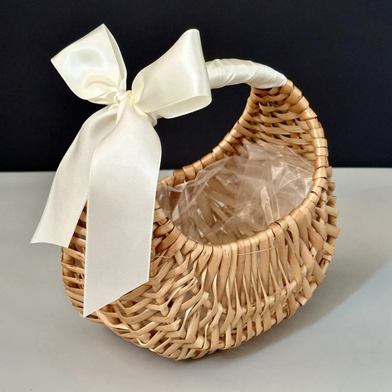 1PC Charming Handmade Willow Rattan Flower Basket Versatile Half Moon Storage Basket With Handle For Wedding Home Decor