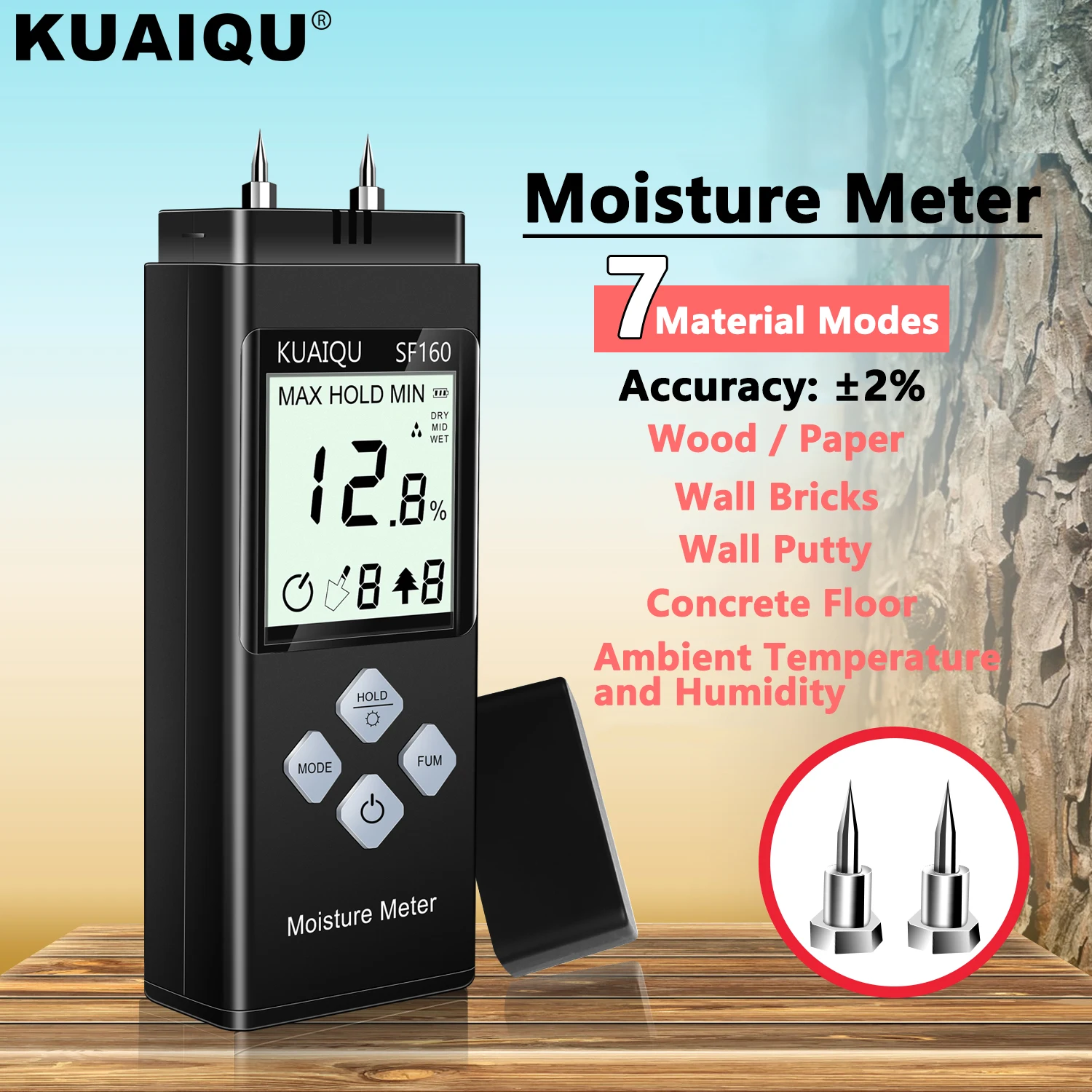 KUAIQU مقياس الرطوبة الرقمي الخشب مقياس الرطوبة اختبار محتوى المياه للخشب/RV/الطوب مع بيانات MIN/MAX عقد شاشة الكريستال السائل HD