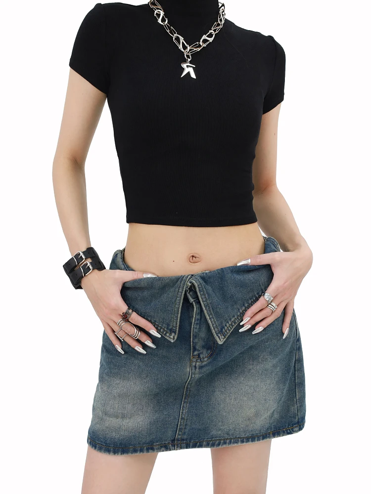 Imagem -04 - Saia Jeans Gótica Preta Linha a Feminina Mini Saia de Vaqueiro Estética Vintage Anos 90 Y2k Saia Jeans Coreana Harajuku Roupas dos Anos 2000 2024