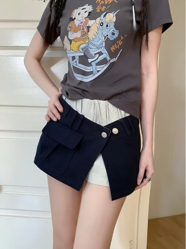 

Комплект из юбки-шорт А-силуэта с низкой талией, контрастными вставками, эффектом многослойности, стройнящий, повседневный, из хлопкового трикотажа, удобный, из двух предметов