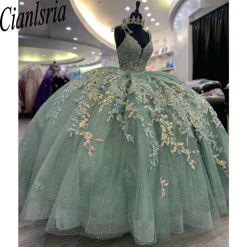 Mint Green Sequined Appliques Beading Shiny Crystal Ball Gown Quinceanera Dresses Spaghetti Strap Bow Corset Vestidos De 15 Años