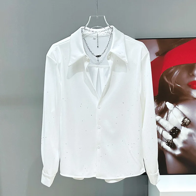 PFHQ جديد قميص رجالي فضفاض الكورية موضة المرصعة بالنجوم الترتر بأكمام طويلة 2025 بدوره إلى أسفل طوق الذكور بلايز موضة جديدة 21E2066 #3