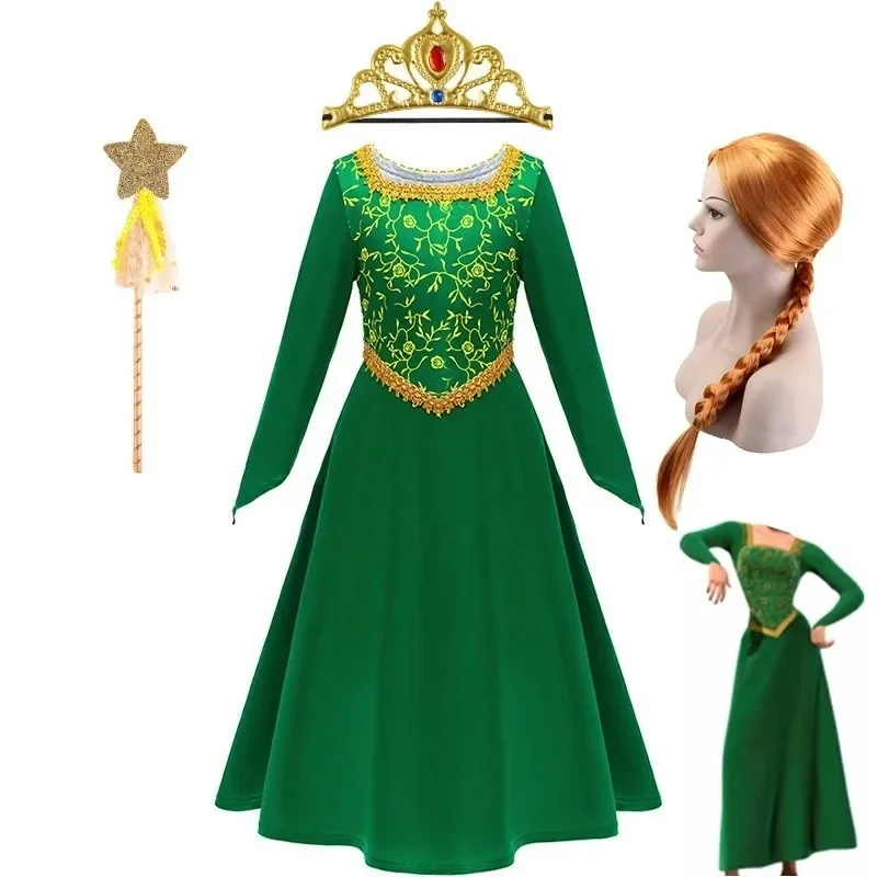 Fiona Green Princess Dress Halloween Fantasy Dress Up Costume Children Elegant Gown Kids Autumn Long Sleeve Lace Print Frocks