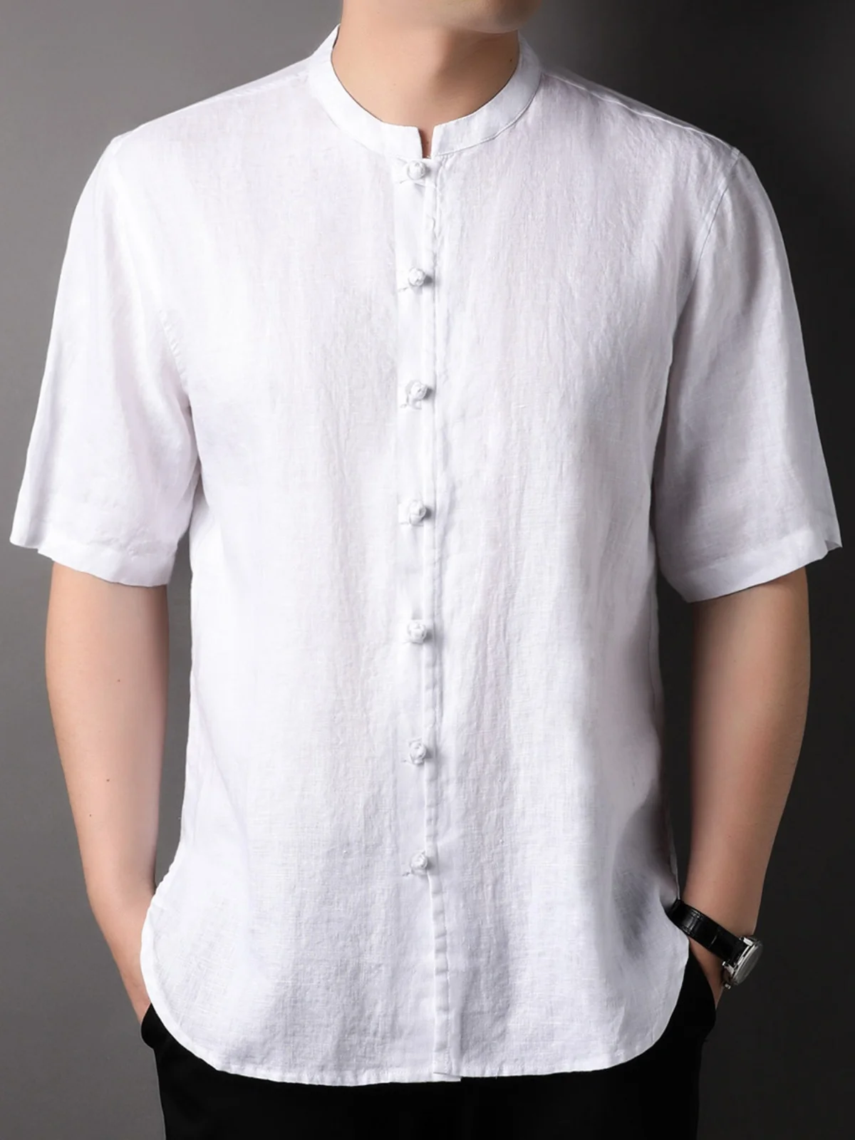 

Летняя мужская рубашка из чистого льна с коротким рукавом, модная, с воротником-стойкой, на пуговицах, дышащая, влагоотводящая, тонкая
