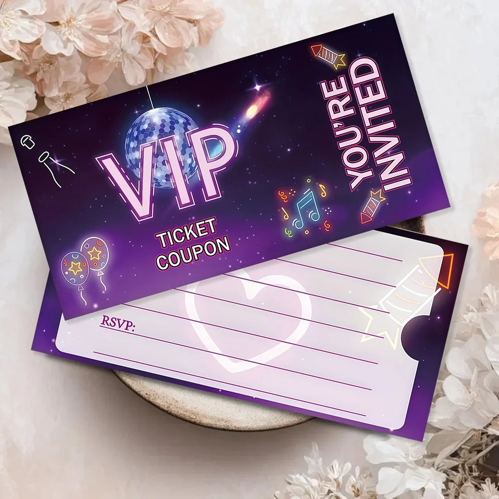 10 Stück Kpop-Themen-Geburtstagseinladungskarten Neon-Party-Film Lila VIP-Partyeinladungen für Jungen und Mädchen