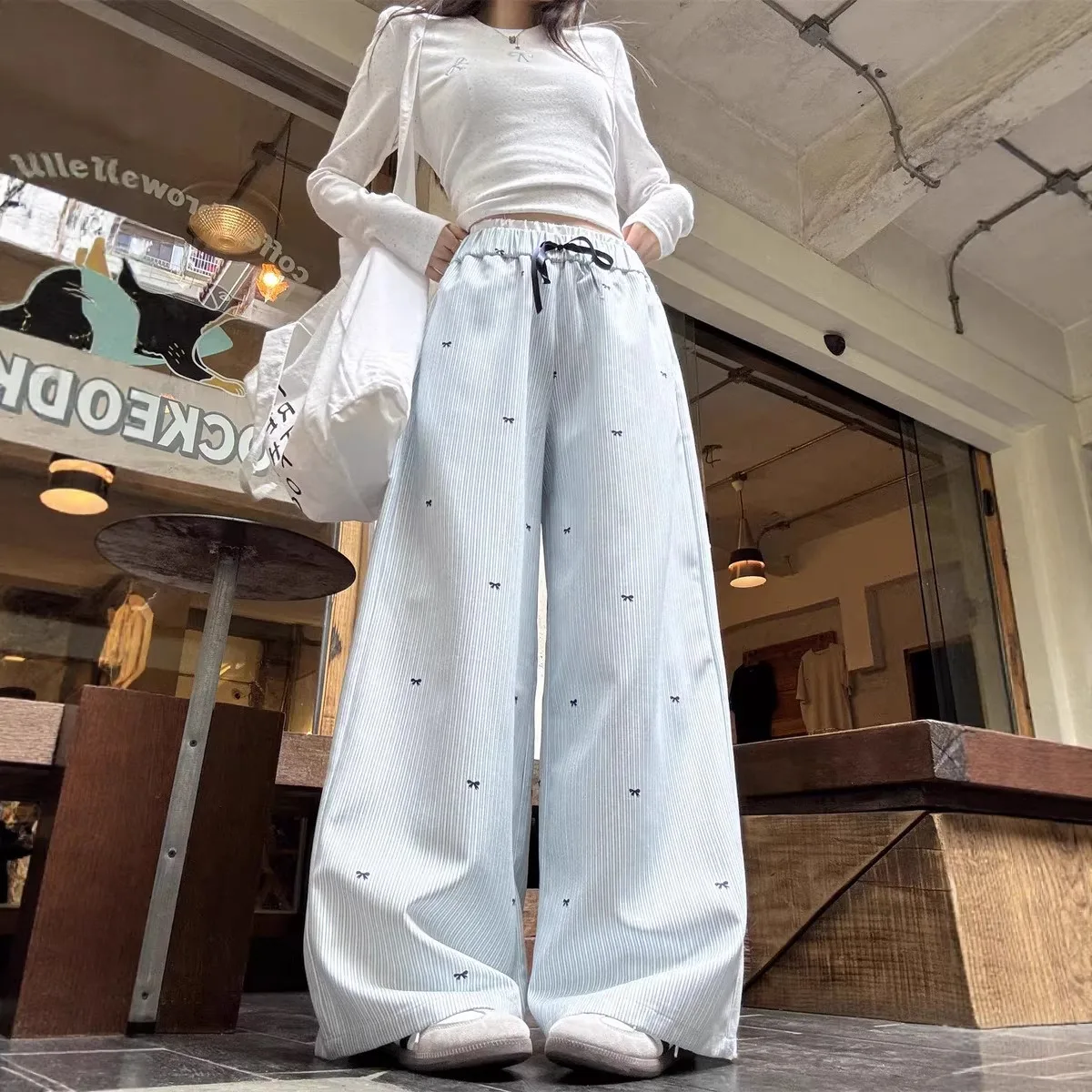 Korean style design blue striped wide leg pants for women's autumn new high waisted slimming straight leg pants sports pants