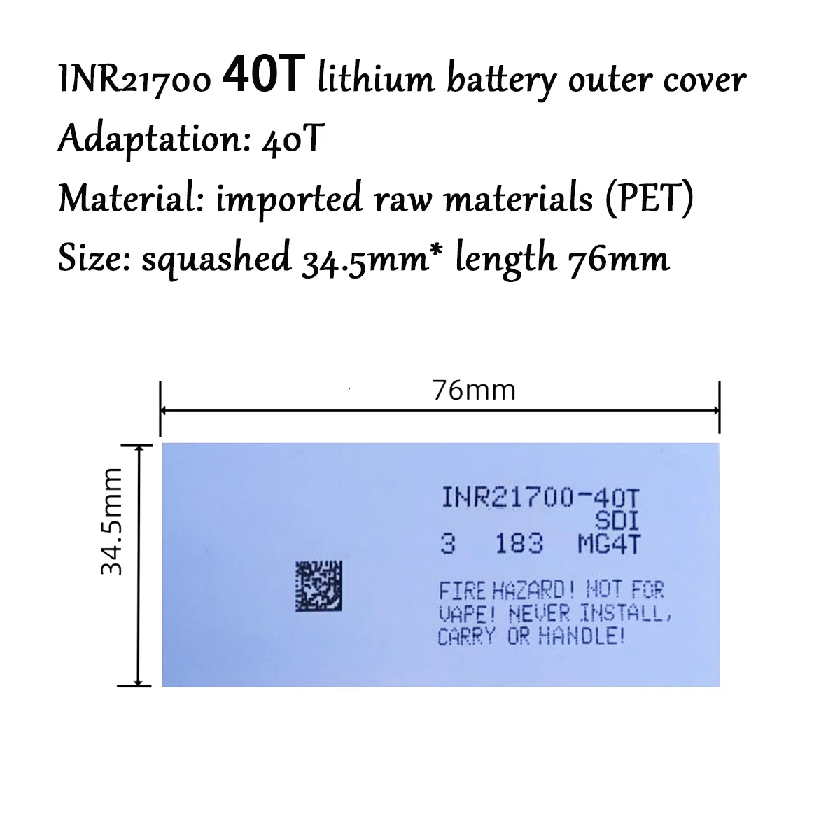 

21700 lithium battery insulation film PVC is suitable for Samsung INR21700-40T battery size 34.5*78mm face pad 100/200pcs