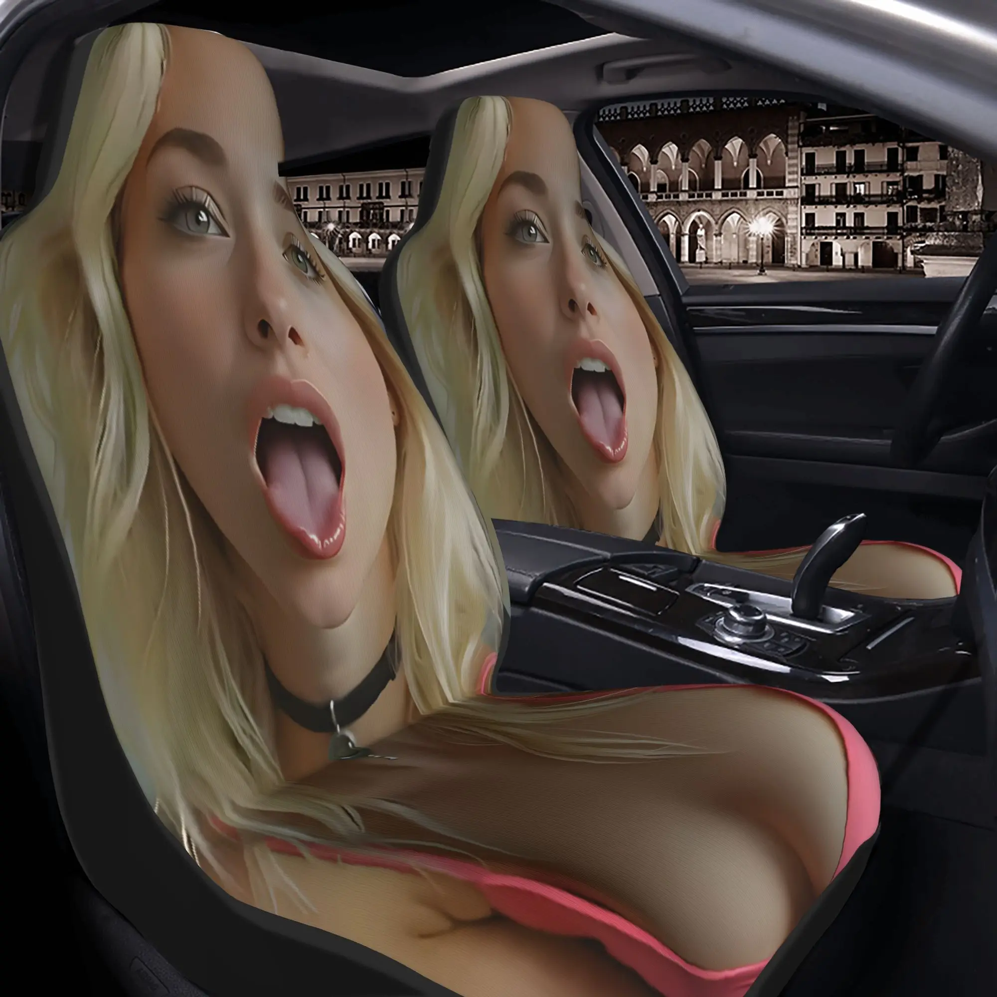 2pcs A Close-up Of A Blonde Woman With A Black Choker, Pink Top, And Playful Tongue Out In A Cozy Room.Car Seat Covers, Suitable