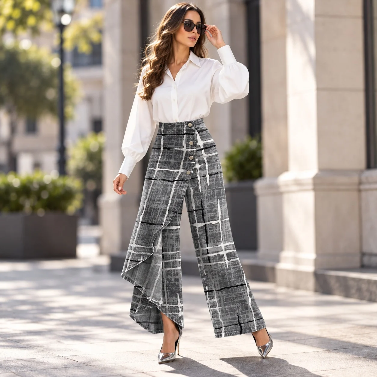 Printed Pants Digital Print Cut Elegant Commuter with Spring Mid Waist Commuter Style Regular Thickness Regular Fit Women Pants