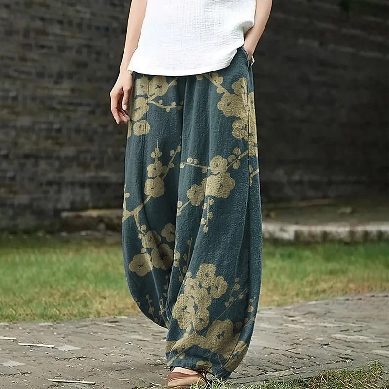 Retro Ukiyo-e Line Wave Sea Turtle Japanese Art Print Casual Pants Harajuku Lantern Trousers Women's Boho Wide Leg Pants