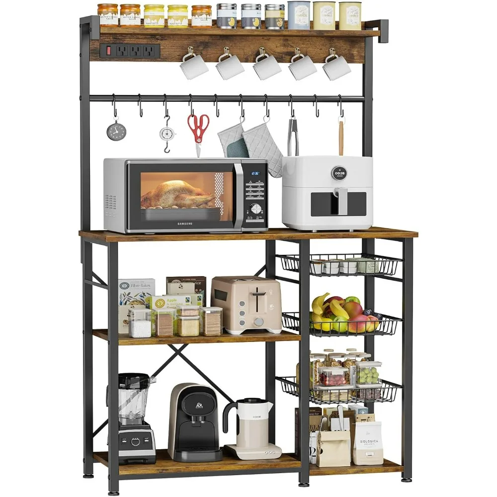 

Large Bakers Rack with Power Outlets 38.8 Inches, 15 Hooks Coffee Bar with 3 Wire Basket Microwave Stand Kitchen Storage Shelf