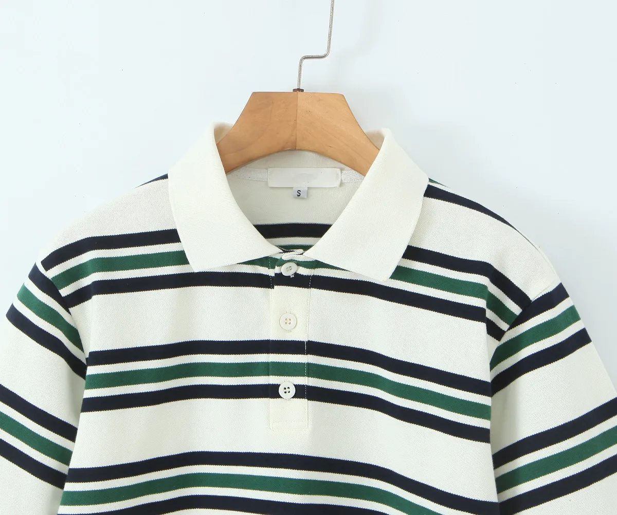 T-shirt corta allentate da donna vintage a vita alta con colletto polo a righe orizzontali retrò americane in 2 colori