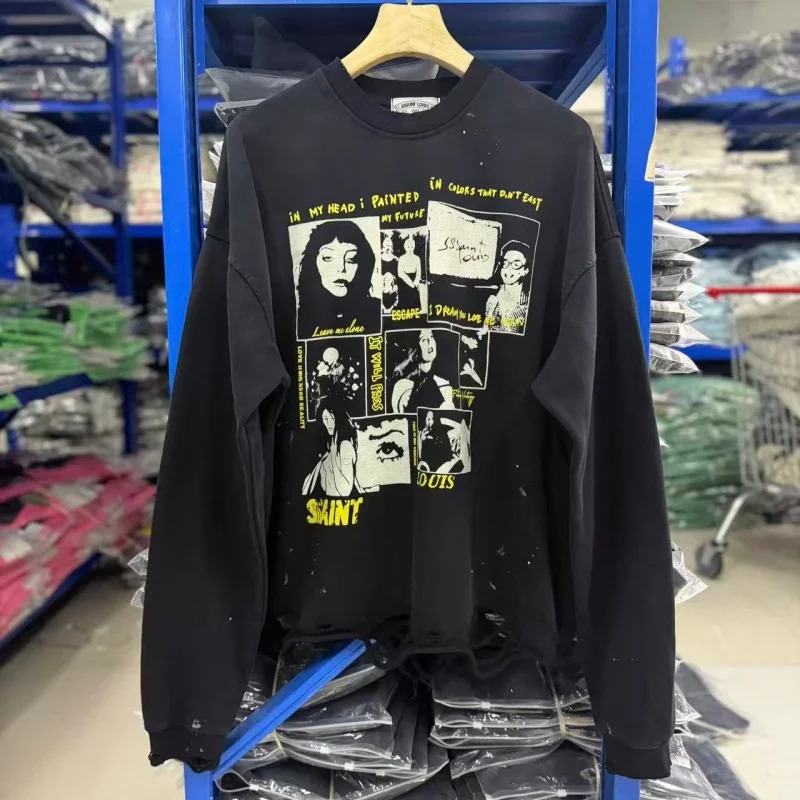 Black Washed Splash Ink Oversized Destroyed Hem Crewneck Sweatshirt
