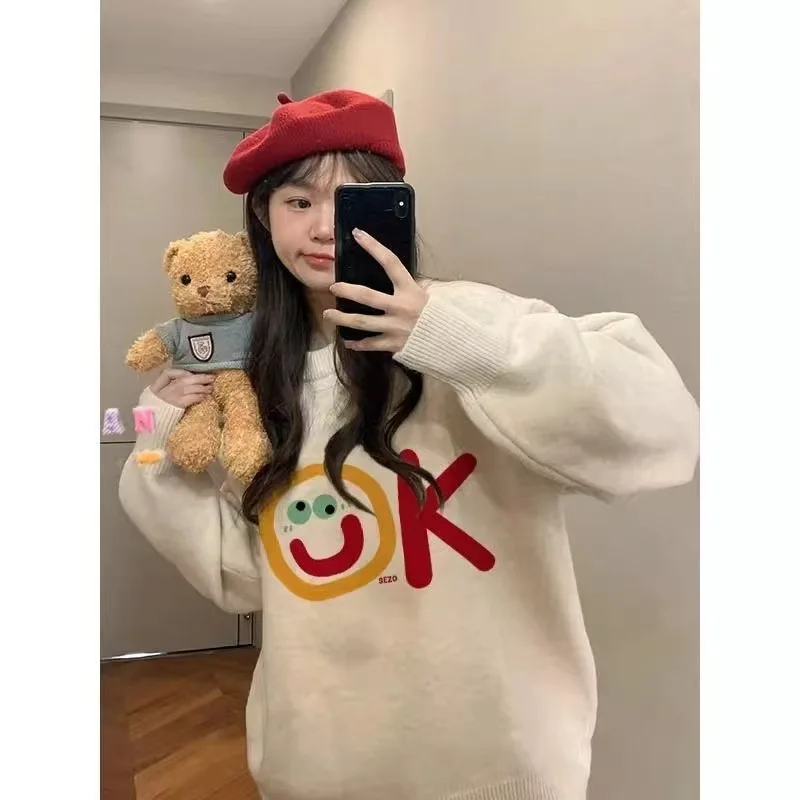 Design simples feminino eep camere longo sve redondo ne camisola de malha solta ajuste outono inverno novo sle quente topo