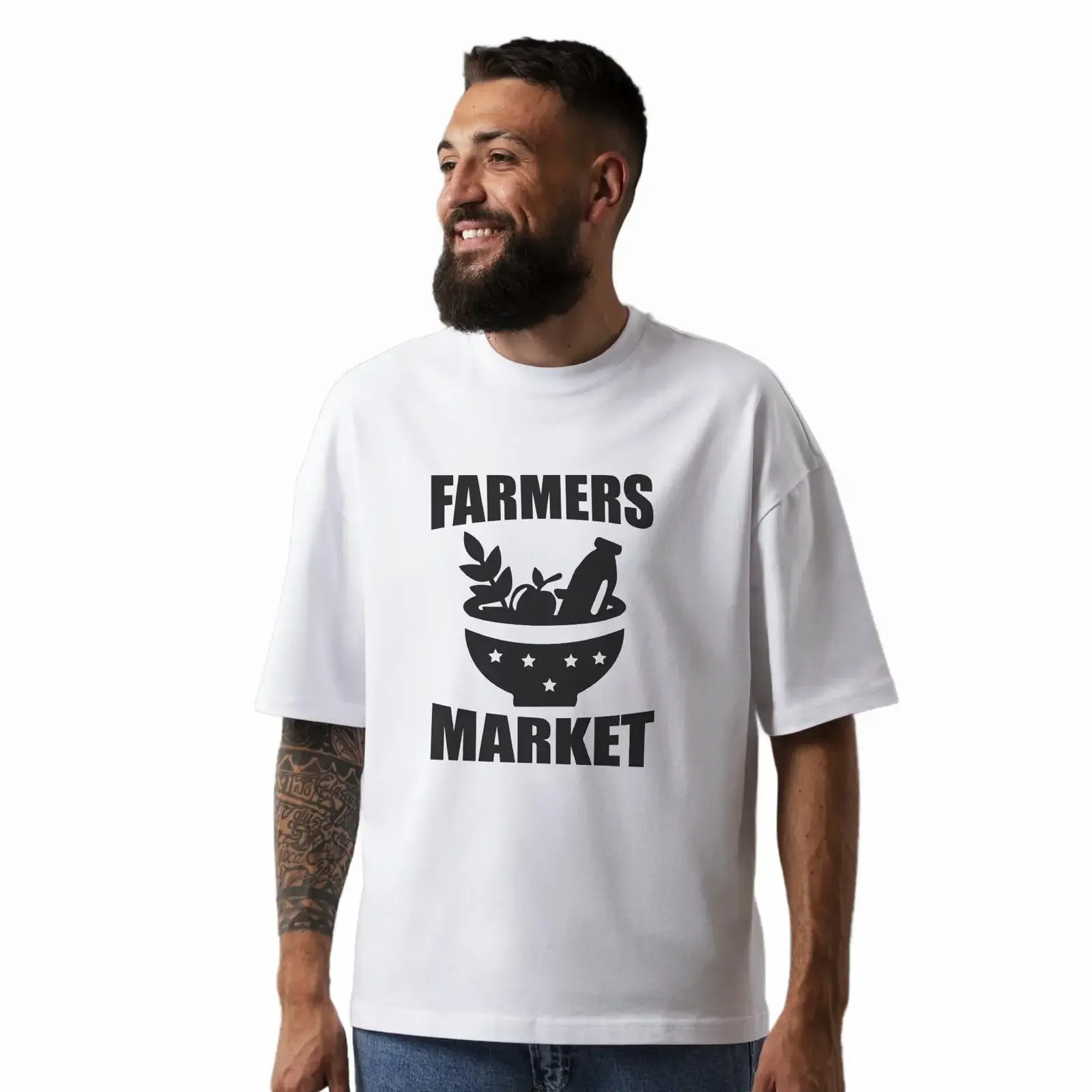 Men's Oversized White T Shirt Farmers Market Fresh Produce Casual Loose Streetwear Hipster Comfort Daily Top vintage Washed