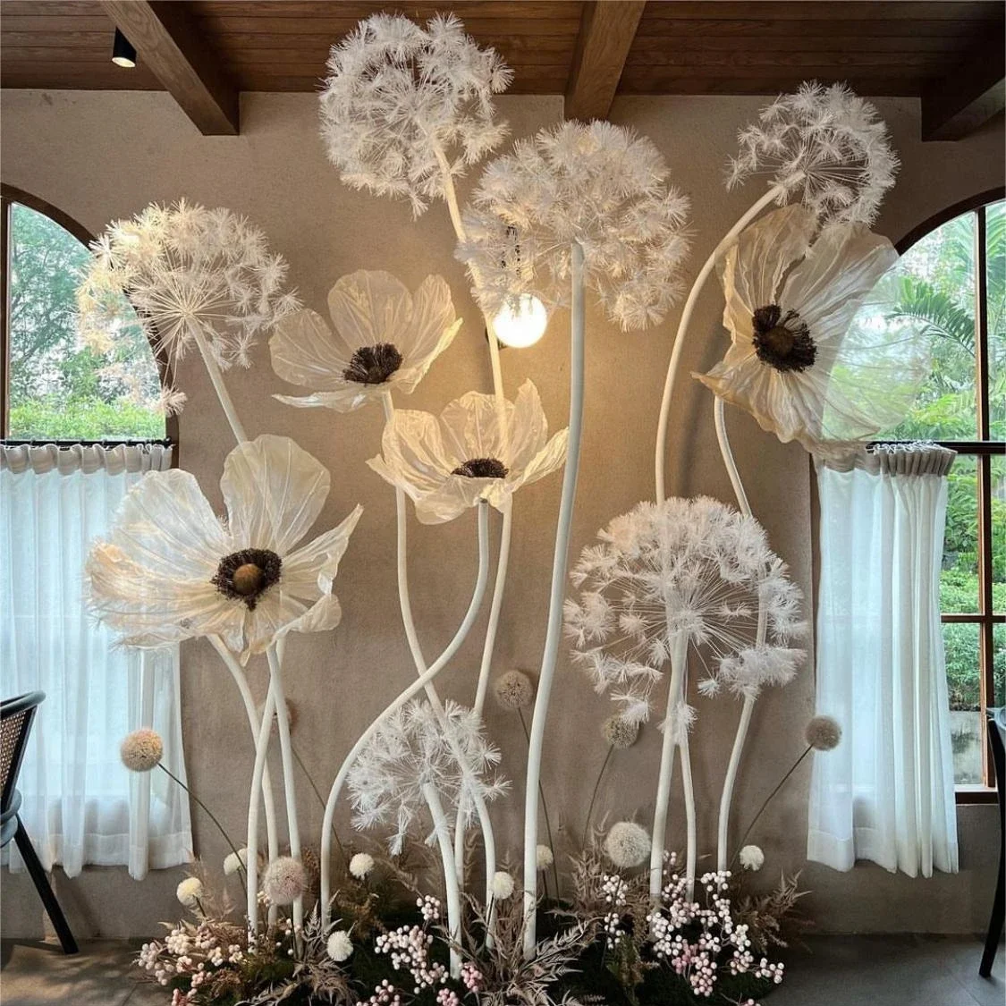 J-331 Handmade white color giant paper dandelion flowers for wedding decoration paper flower for party decoration window display