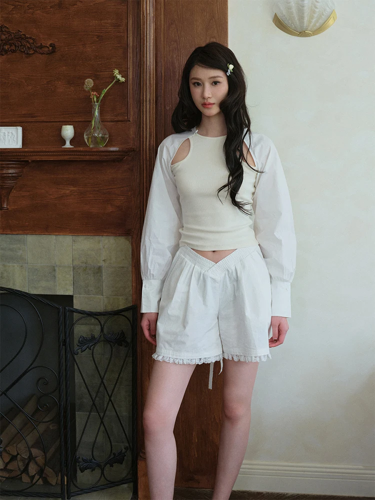 

SoirReverie Casual Sle Long Sve T-irt with oulder Insert Outer Cardigan Lazy Feeling Splice Top Women's Faion