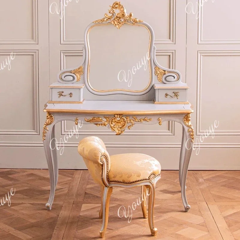 

66 Q French Solid Wood Carving Flower Gold Dresser Master Bedroom Villa Model Room Makeup Table French Light Luxury High-end