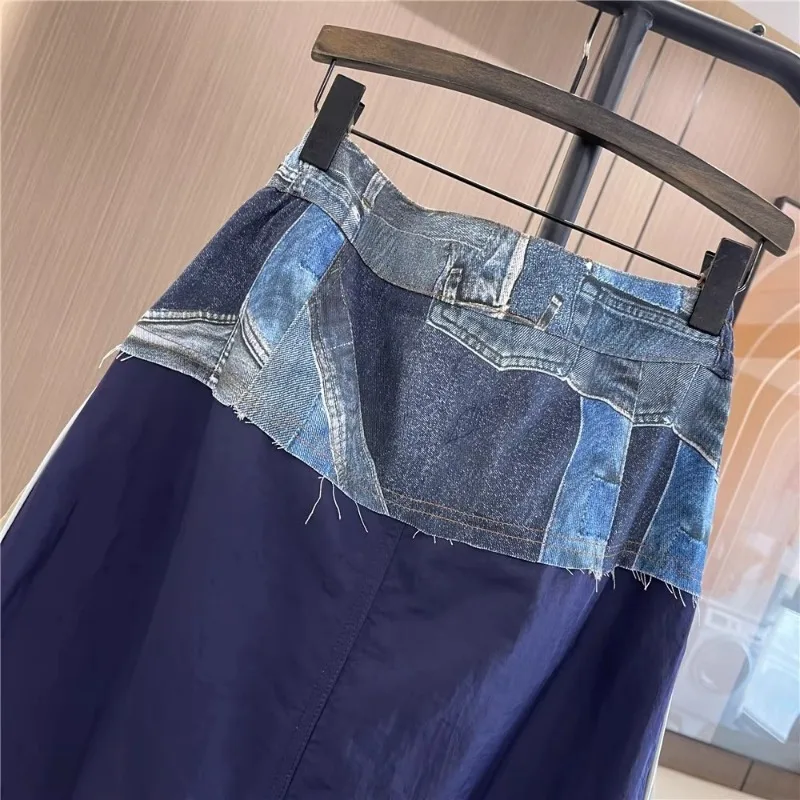 2024 American High Waist Tooling Skirt Street Letter Stitching Denim Overskirt Women\'s Summer Slim Split Mid-Length A-Line Skirt