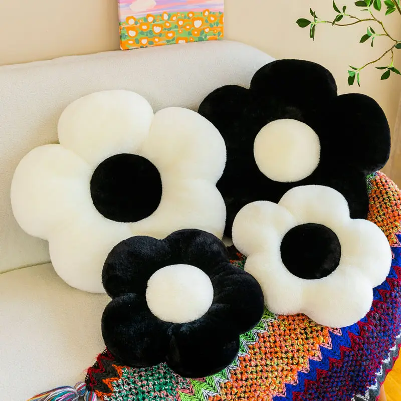 Flower pillow sunflower cushion super soft Instagram minimalist style black and white cushion living room plush cushion