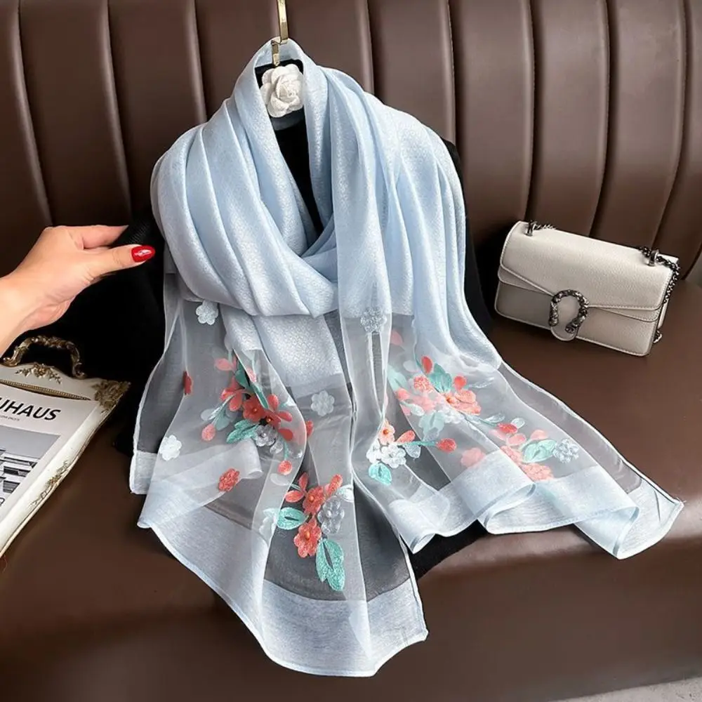 Elegant Soft Thin Luxury Silk Scarf Large Flower Embroidery Women Hijab Shawls Foulard Wraps Shiny Lace Scarf Headkerchief