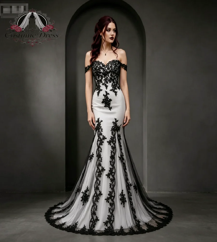 Dark Romantic Black White Mermaid Wedding Dress Gothic Off Shoulder Lace Halloween Witchy Bridal Gowns 2026 Rustic Country