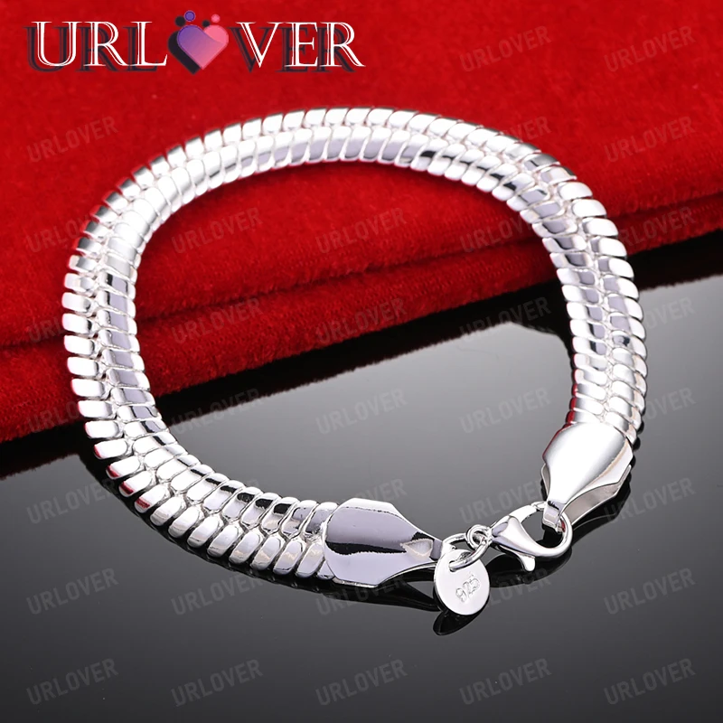 

10mm Flat Side Chain 925 Sterling Silver Bracelet Pretty Jewelry For Lady Party Birthday Wedding Fashion Accessories Gift