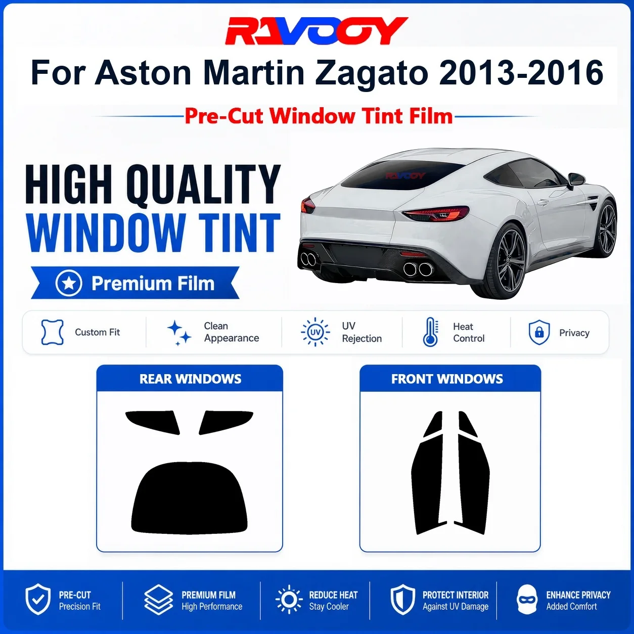 Premium Pre-Cut Window Tint For Aston Martin Zagato 2013-2016 Front & Rear Windows UV Heat Rejection Privacy Film