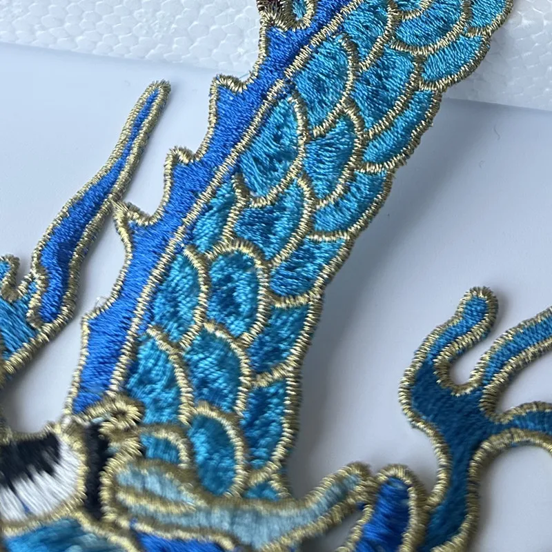 1Ps Chinese Style Blue Large Dragon Sewing On Embroidery Patches For Jean Clothing Dress Applique Decoration Accessory DIY Patch