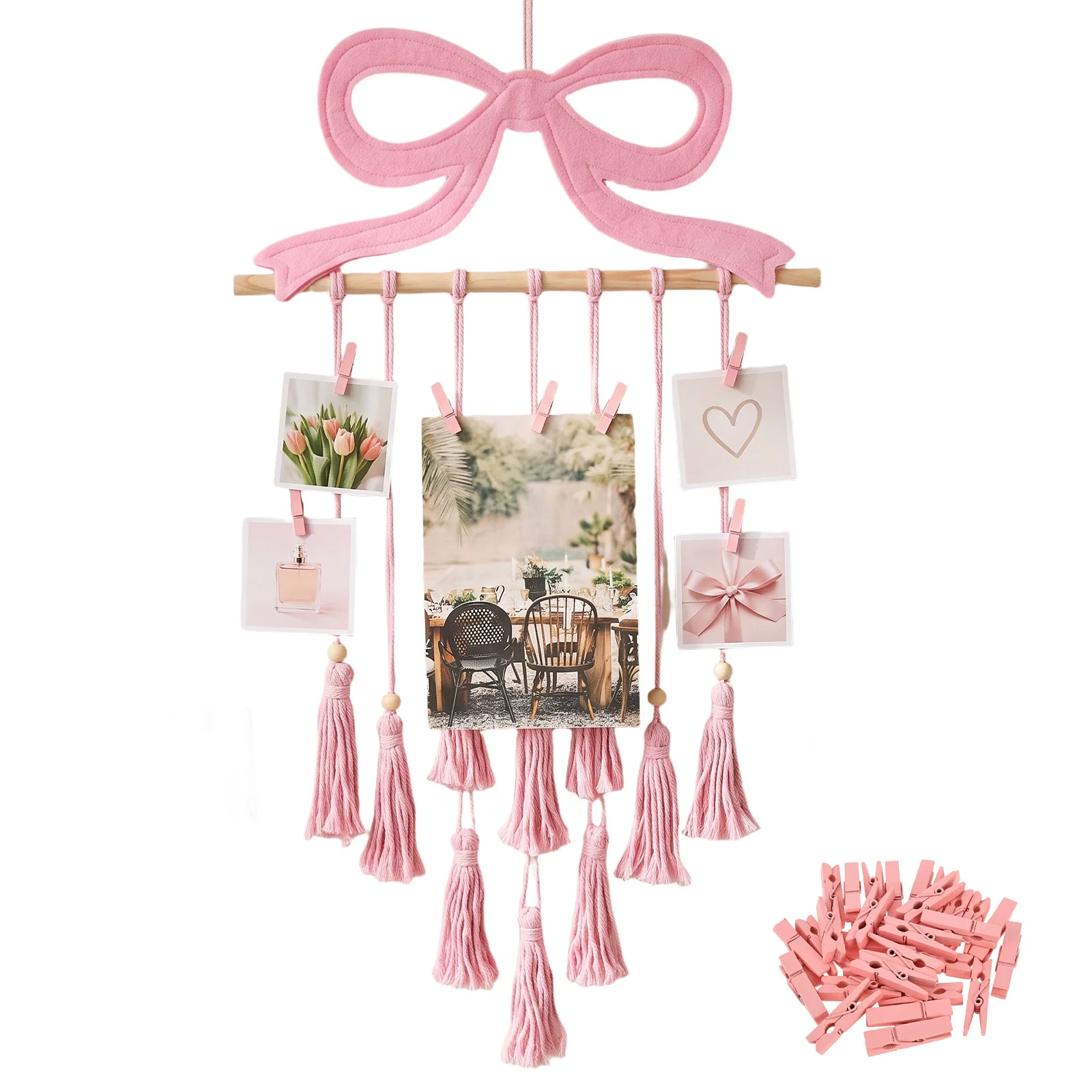 Decorative Bow Photo Hanging Display Wall Decor Universal Home Hanging Collage Picture Holder with 30 Clips for Girls Room Decor