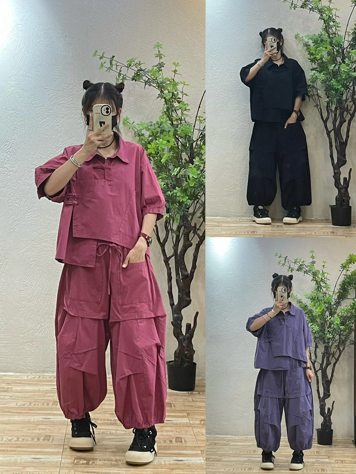 

Fashionable Casual Workwear Shirt And Pants Set Women's Loose plus Size Summer Style Wind Disk Button Design Cotton Neck
