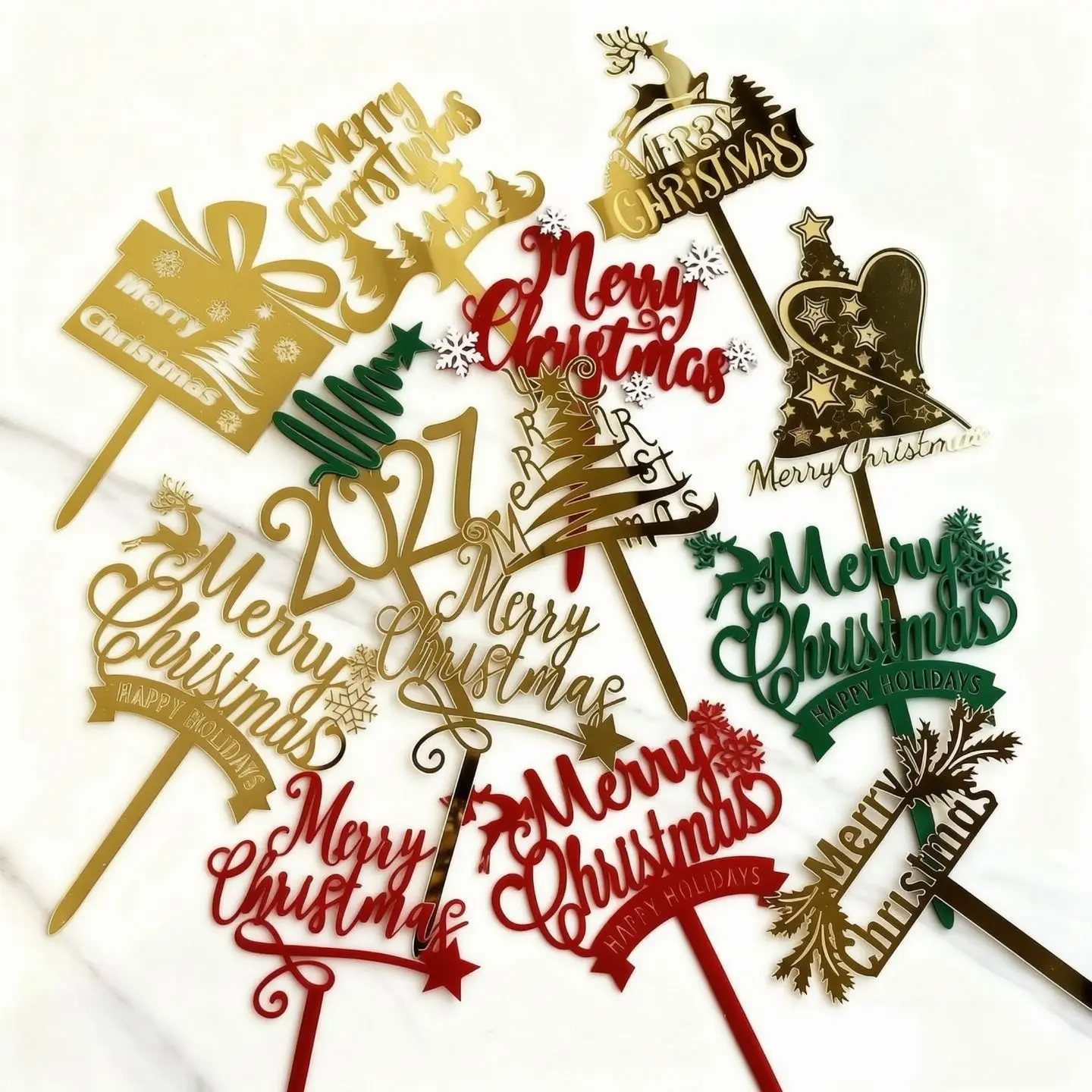 2027 Merry Christmas Party Cake Topper Decoration Gold Acrylic Dessert Card Insert Kids Xmas Gifts Cake Toppers Baking Supplies