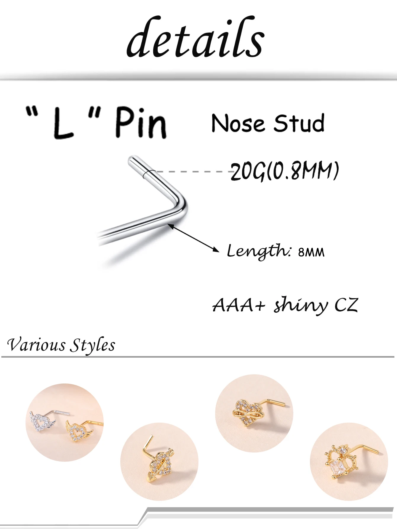 1Pcs/5Pcs L Shaped Nose Studs for Women Fashion Cute Nose Piercing Jewelry Clear Stone Heart Butterfly Y2K CZ 20G Nose Rings