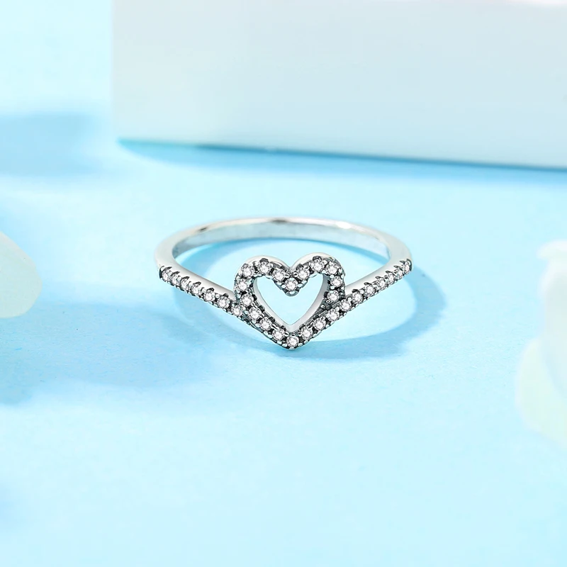 Original 925 Sterling Silver Rings For Women Love Heart Wishbone Rose Gold Engagement Wedding Stackable Ring Jewelry Gift view 3