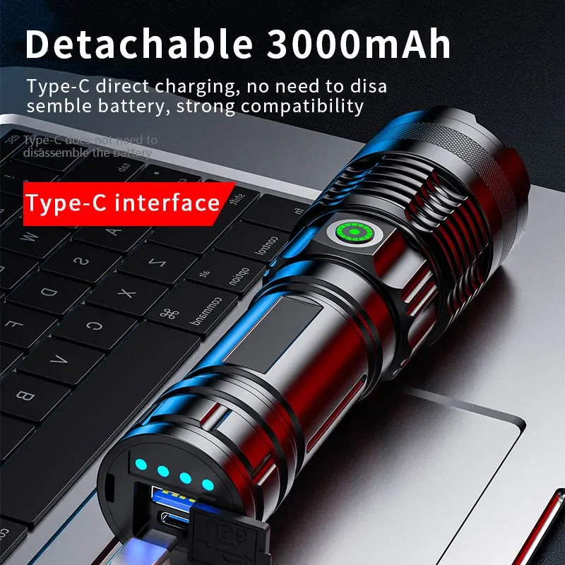 Imagem -06 - Recarregável Led Laser Lanterna Telescópico Zoom Tactical Tochas Super Bright Camping Caminhadas Emergência Handheld Flash Light