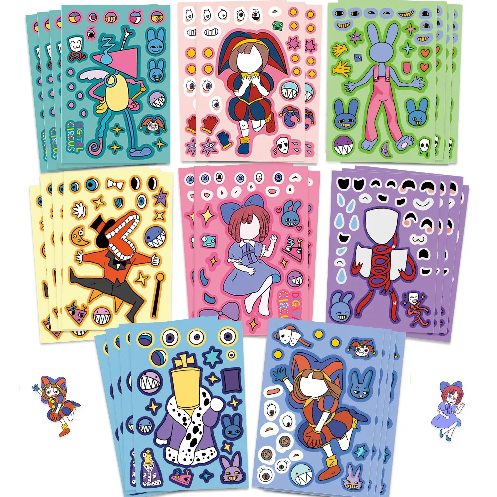 8Sheets Cartoon Digital Circus Make A Face Puzzle Stickers Kids Make Your Own DIY Game Children Jigsaw Education Toys