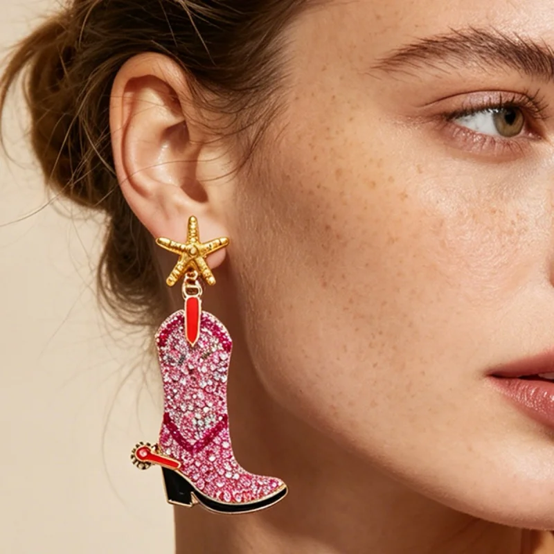 Women Modern Western Drop Earrings Gold Tone With Starfish Stud & Sparkly Pink Cowboy Boot Pendant Trendy Accessories