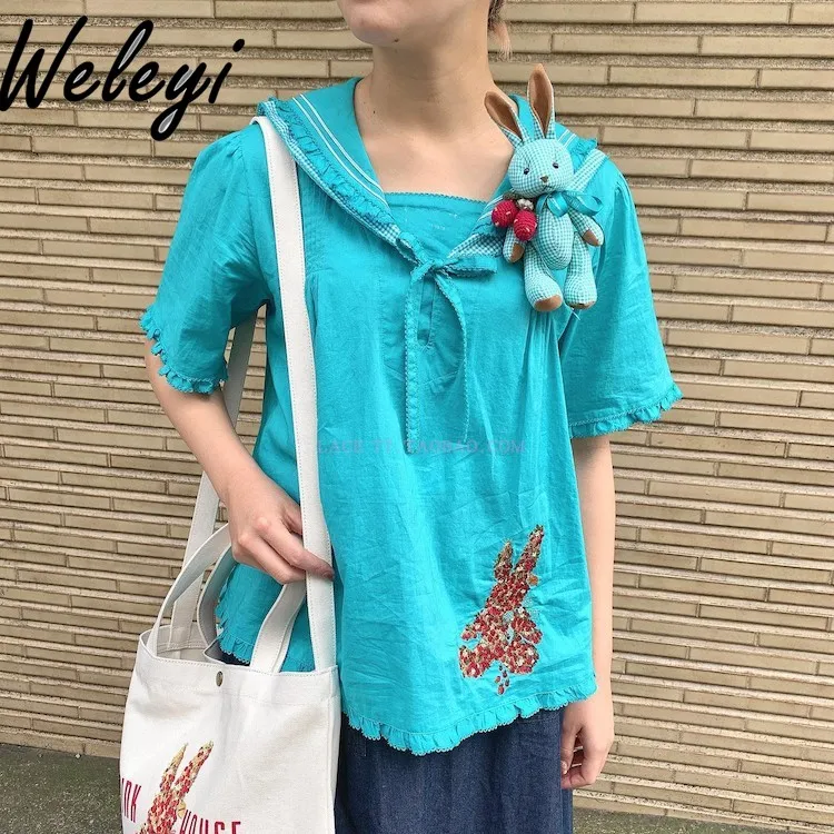 

Sweet Small Flower Rabbit Embroidered Shirts for Women 2024 Summer New Elegant Green Plaid Stitching Lace Sailor Collar Shirt