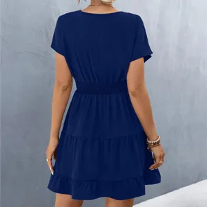 Sommer Solid Color Kleid für Frauen modische rote Ausschnitt in V kurzarm Plisada Patchwork Das Linienkleid 2024 8 Hauptverkäufe kurzes rotes Rundkleid - №8