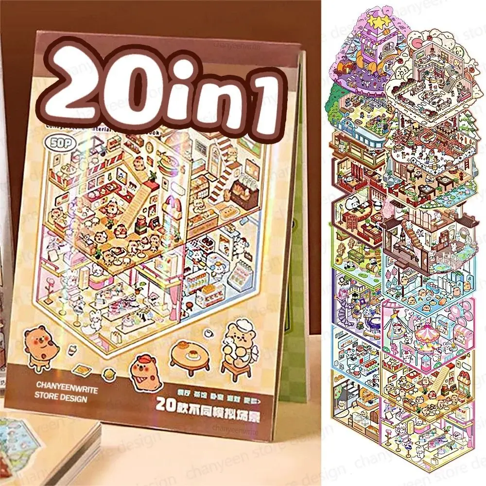 

Relax 20in1 Landscape Sticker Book Cartoon Capybara Cabin Scene Decorative Decals Tear-proof DIY 3D Stickers Scene Set Student
