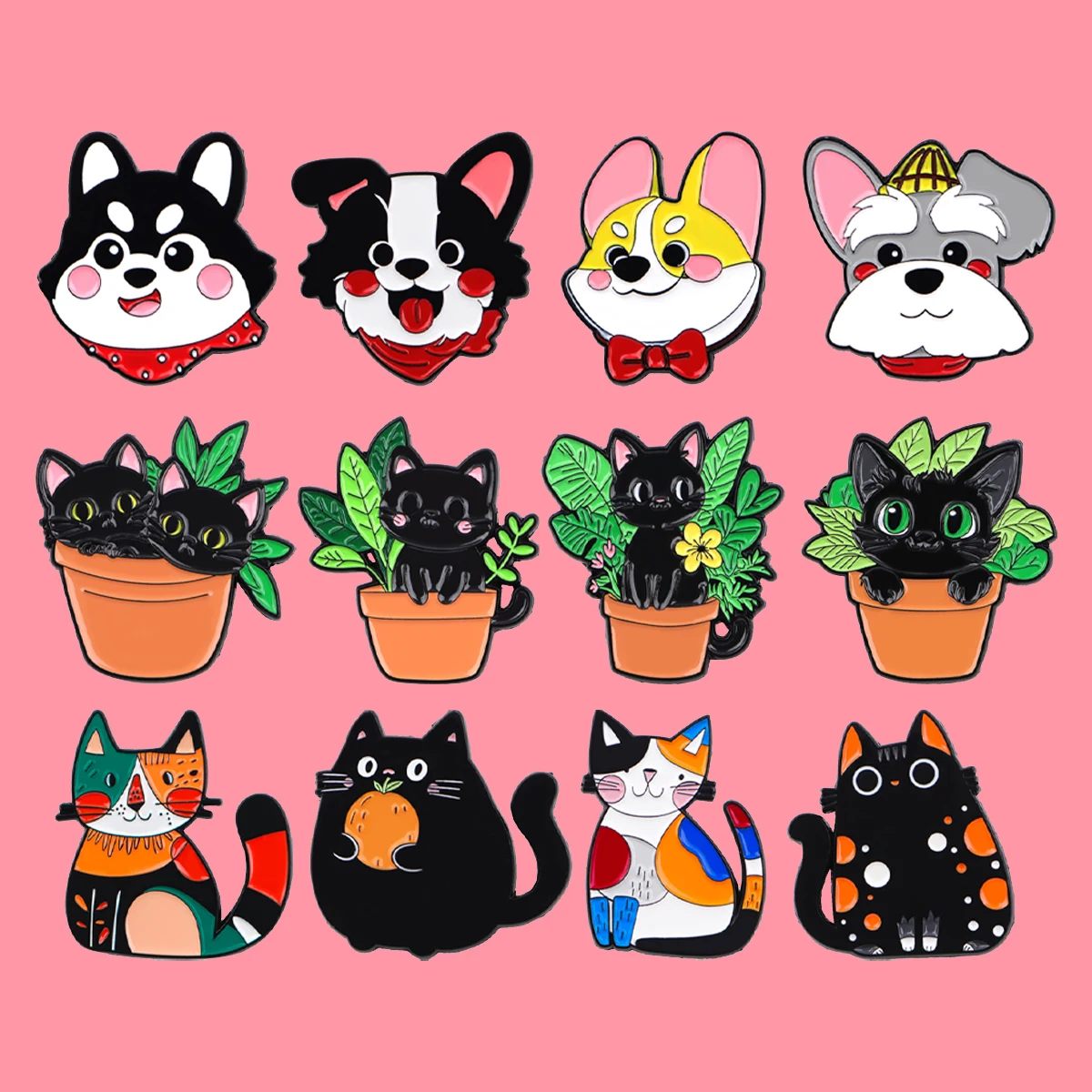 Niedliche schwarze Katzen Emaille Pins Tiere Haustier Hunde Brosche Anstecknadel Abzeichen auf Rucksack Kleidung Accessoires Modeschmuck Kindergeschenke