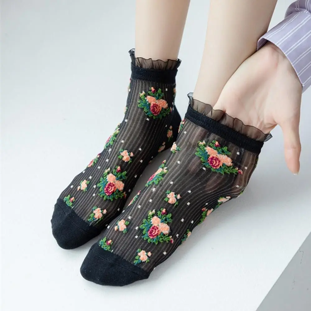 Floral Element Crystal Silk Socks Anti-Friction Foot Ultra-thin Transparent Ankle Socks Mid-tube Breathable