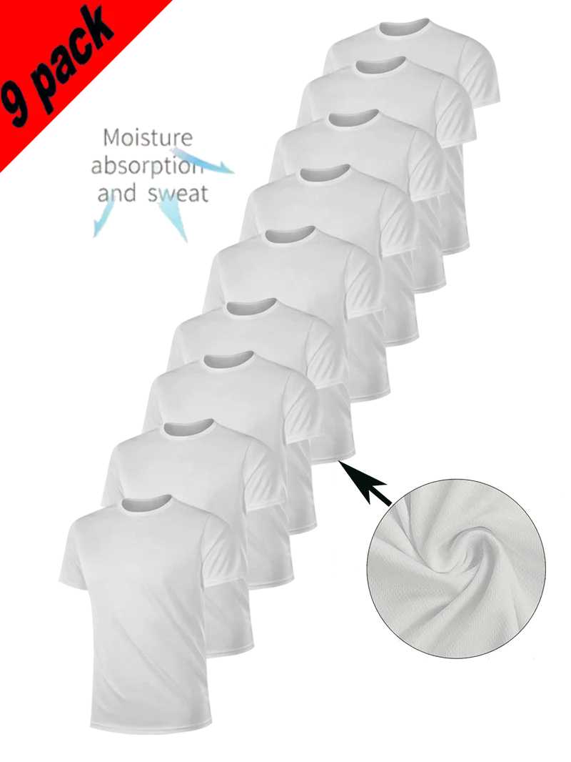 

Men's 9-Piece Solid White Round Neck Breathable Mesh Moisture Wicking Casual Wear for Layering or Outerwear Gym Workout Sports