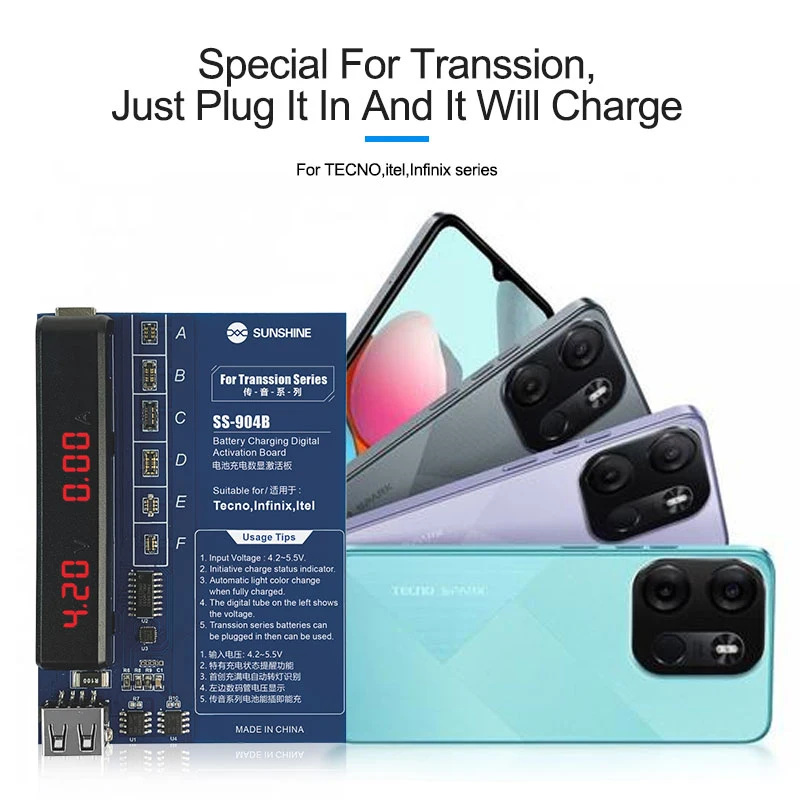 แผงควบคุมแบตเตอรี่ที่ SS-904B แสงแดดสำหรับ tecno, itel, infinix transsion มีเพียงเครื่องทดสอบการชาร์จอัจฉริยะเครื่องมือซ่อมแซม